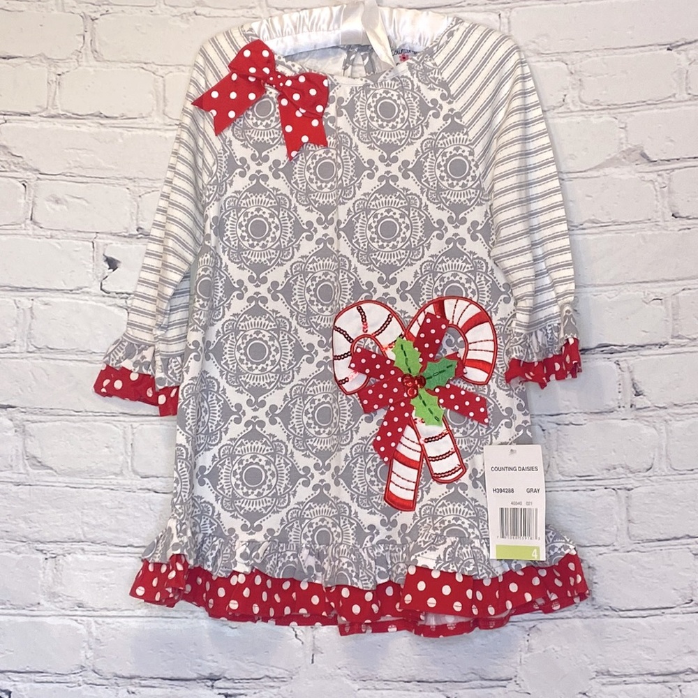 Counting Daisies Red Gray Candy Cane Long Sleeve Christmas Dress Girl’s Size 4